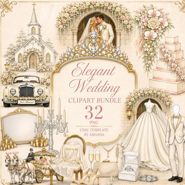Elegant Wedding Clipart Bundle, Watercolour Bride Groom Illustrations 32 png (Digital Download)