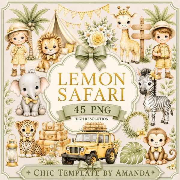 Pastel  Lemon Safari Animals Clipart