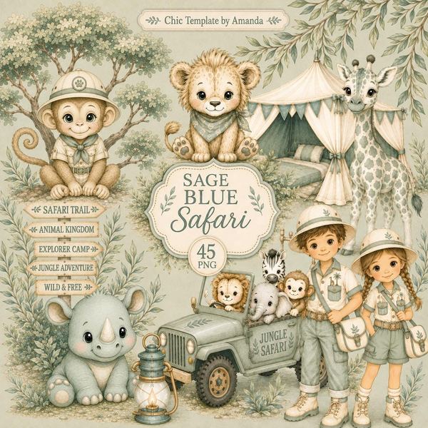 Sage Blue Pastel Safari Animals Clipart