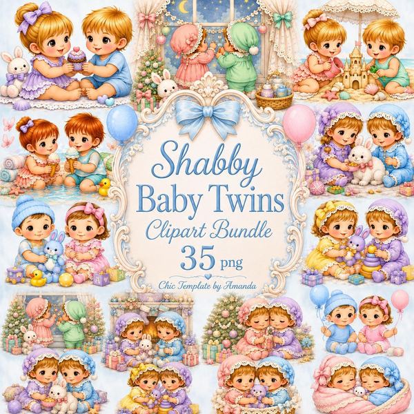 Shabby Baby Twins Clipart Bundle, 35 Watercolour PNG Illustrations (Digital Download)