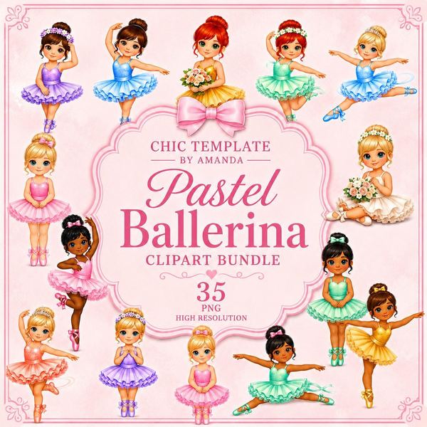 Pastel Ballerina Clipart • 35 Ballet Doll PNG Illustrations (Digital Download)