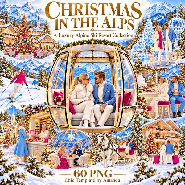 Christmas in the Alps Clipart Bundle, 60 Transparent PNGs, Luxury Ski Resort, Alpine Chalet, Winter Romance, Festive Village
