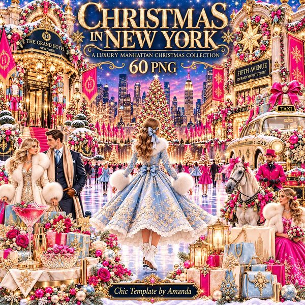 Christmas in New York Clipart, Luxury Manhattan Christmas, Fifth Avenue Fashion, NYC Landmarks, 60 Transparent PNG