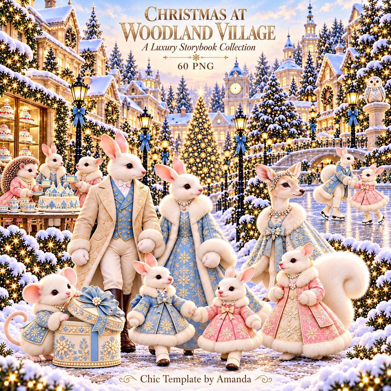 Christmas at Woodland Village Clipart / 60 PNG / Luxury Storybook Animals / Pastel Winter Scenes / Festive Digital Art / Rabbits & Foxes